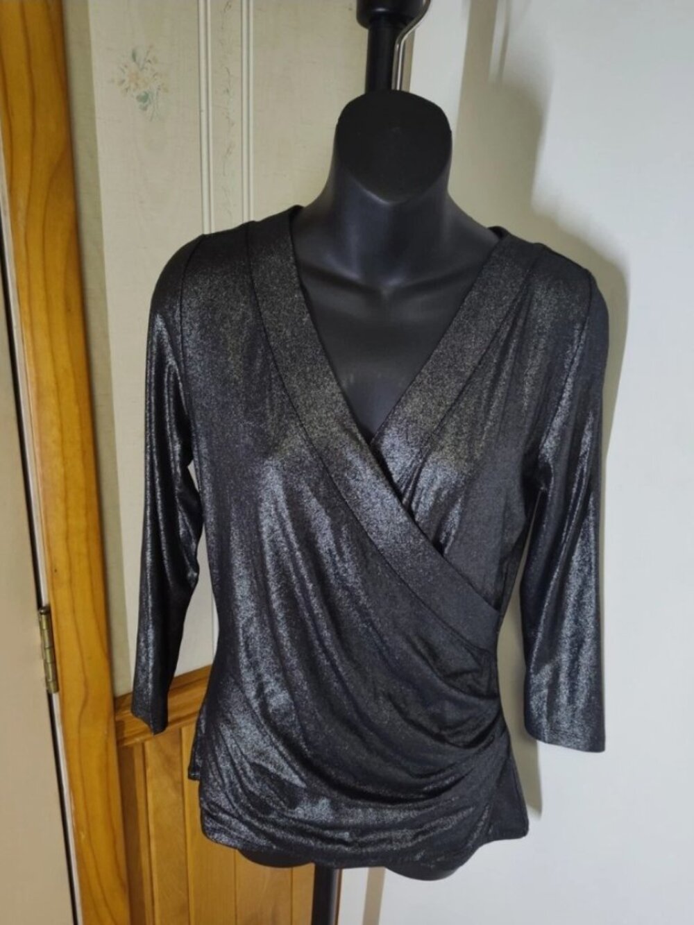 Lauren Ralph Lauren Women's Metallic Jersey Surplice Top Black Size M